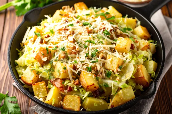 Aardappel-koolschotel op het fornuis