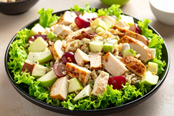 Kip-, rijst- en fruitsalade