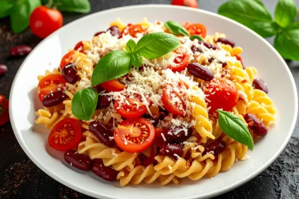 Pastasalade met tomaat, basilicum en bonen